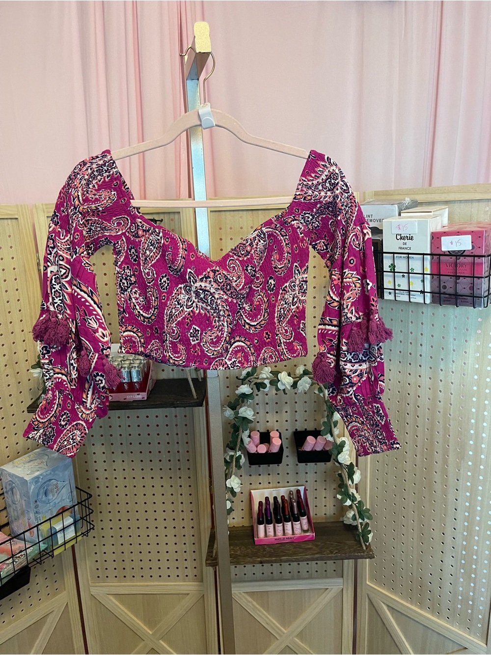 Magenta Paisley Off-Shoulder Crop Top with Tassel Sleeves with matching pants